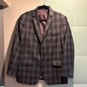 Tailored blazer modern gray windowpane plaid red geometric interior lining.